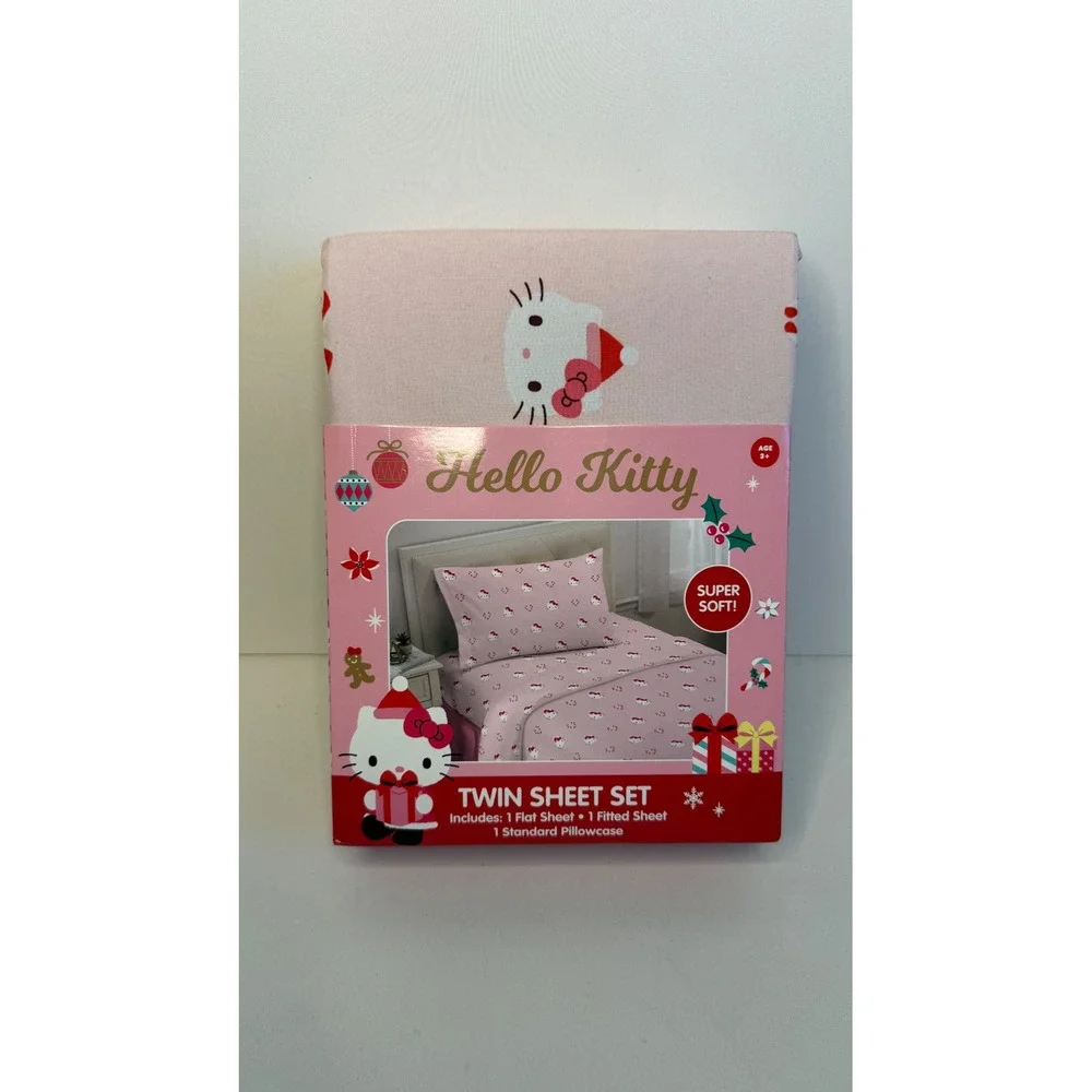 Hello Kitty Twin Sheet Set Pink Festive Holiday Character Bedding